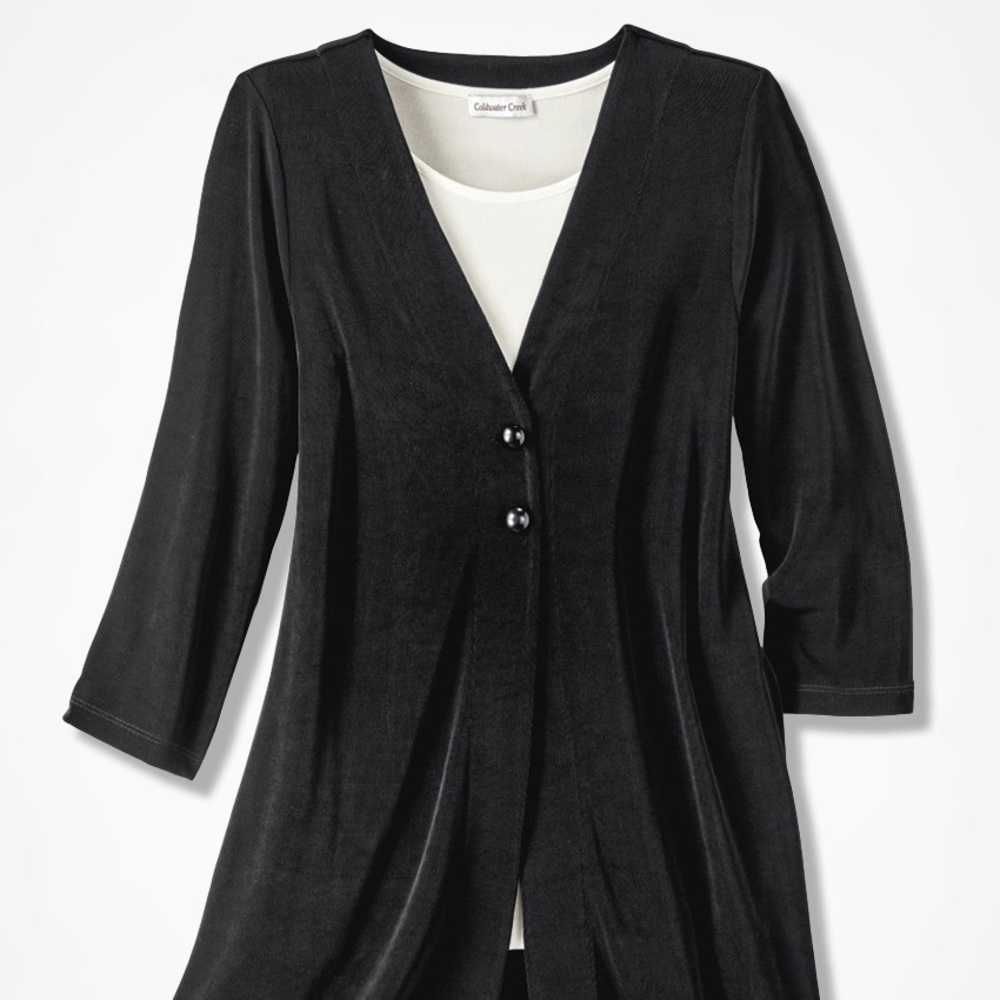 Coldwater Creek “Destinations” lightweight black Travel Cardigan; 3/4 sleeves.